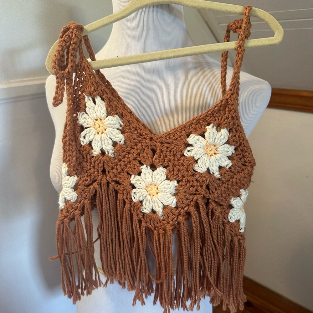Toddler Girls Handmade Custom Boho Crochet Fringe Crop Top with Floral Design
